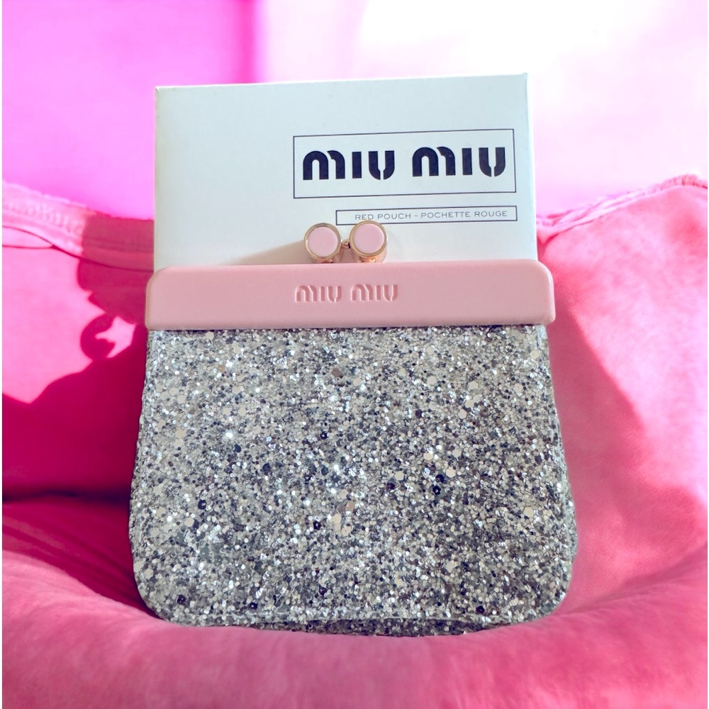 MIU MIU Mini Silver Glitter Clutch Evening Clutch with Snap Top Closure